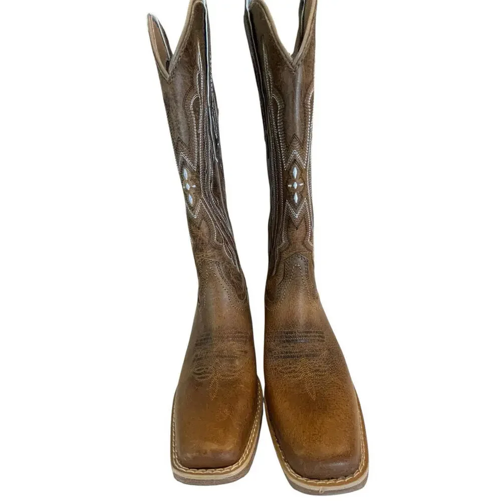 Justin Boots Rein 12 Inch Square Toe Cowboy Womens 7 1/2B  Brown Boots - Picture 4 of 9